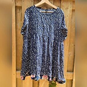 UPCYCLED Navy Babydoll Dress or  Tunic with Floral Hem - One Size